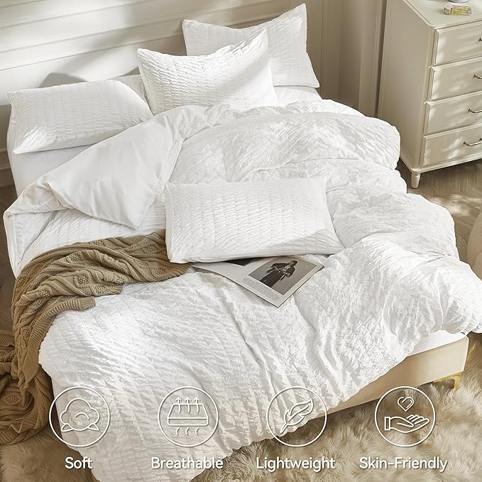 JELLYMONI Bright White Duvet Cover Queen Size, Soft Breathable Seersucker Duvet - Image 2