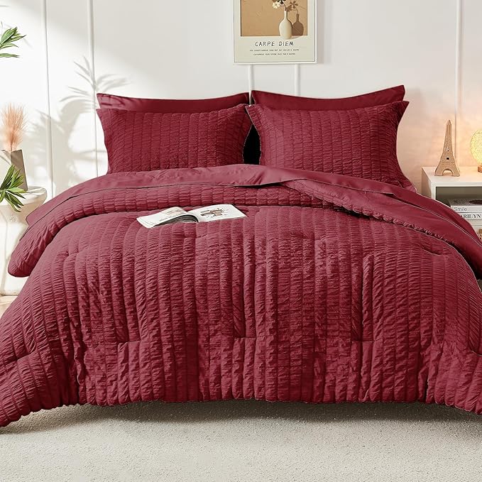 HYMOKEGE Burgundy Full Size Comforter Sets Seersucker 7 Pieces, All Season - Image 9