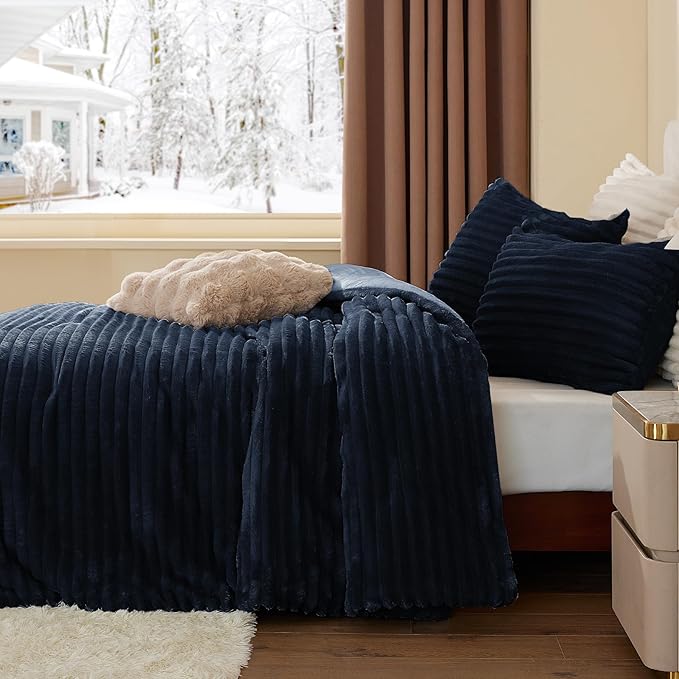 BEDELITE Fleece Twin Comforter Set -Super Soft & Warm Fluffy Navy Blue Bedding - Image 4