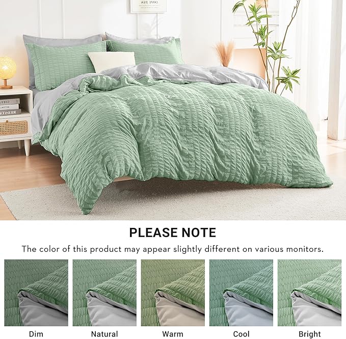 HYMOKEGE Sage Green/Light Grey Full Size Comforter Sets Seersucker 7 Pieces - Image 5