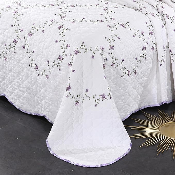 Quilt Set Purple Floral 3D Embroidery Pattern 2 PCS 100% Cotton Reversible - Image 8
