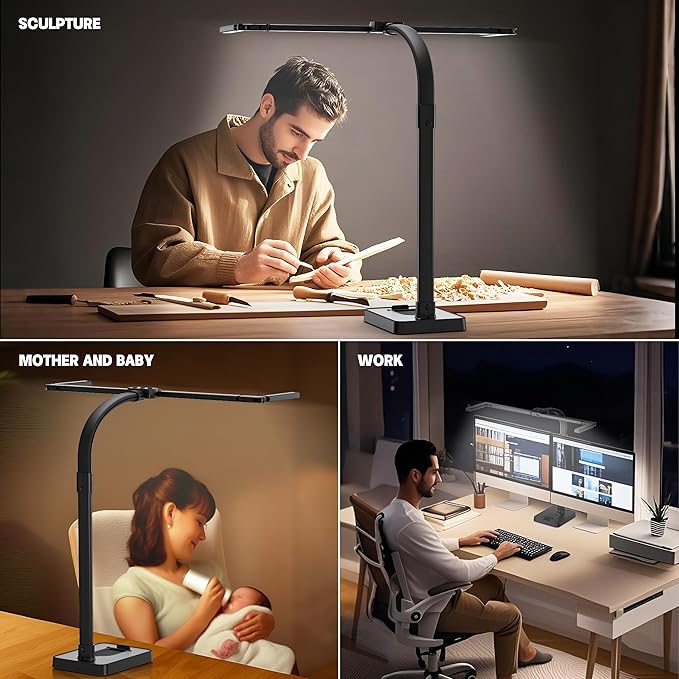 LED Desk Lamp for Home Office - 24W Bright Double Head Desk Light with Clamp Eye Caring Architect Task Light 25 Lighting Modes Adjustable Flexible Gooseneck Lamp (All Black)-DeskoryOffice