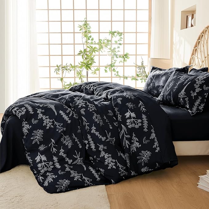 MUXHOMO Duvet Cover Queen Size, Reversible Floral Black Duvet Cover Set - Image 2