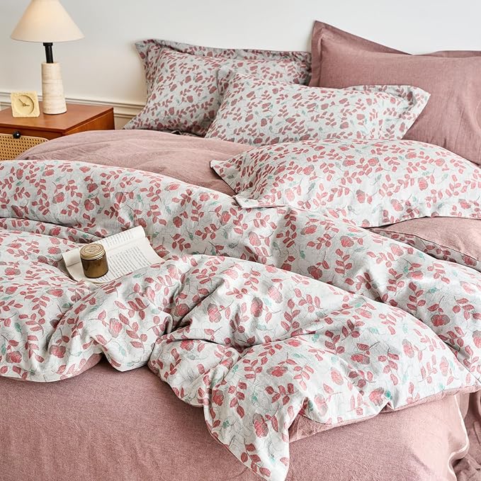 mixinni 100% Washed Cotton Duvet Cover Set, Reversible Vintage Floral Jacquard - Image 3