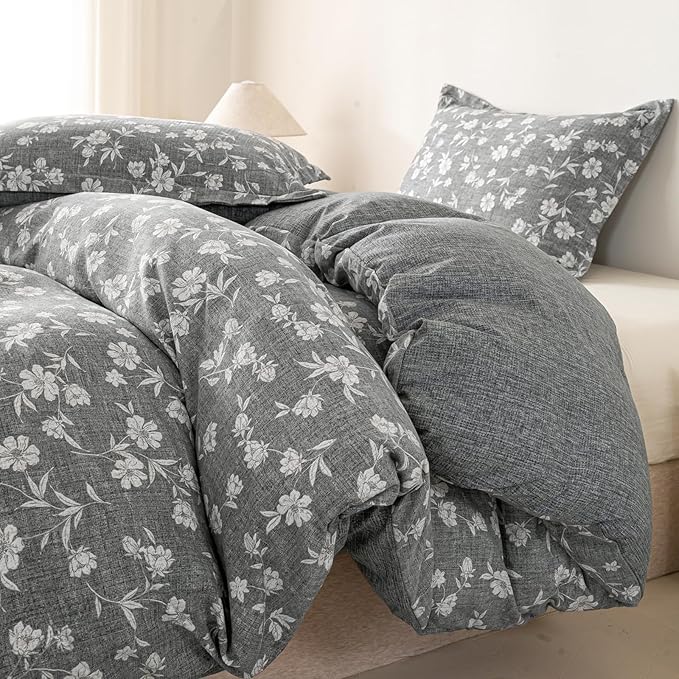 OAITE Grey Flower Twin Size Duvet Cover-3 Pieces Prewashed Cotton-Like - Image 2
