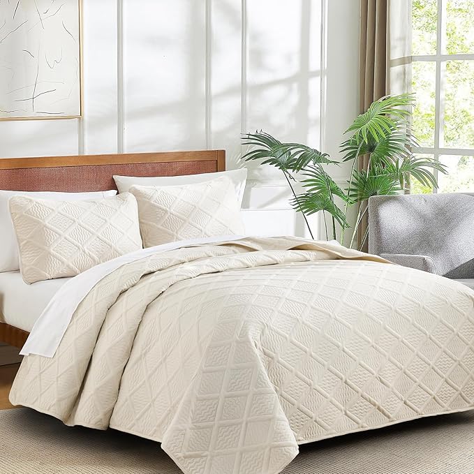 Yiran California King Size Beige Quilt Set Lightweight Oversized Bedspread - Image 3