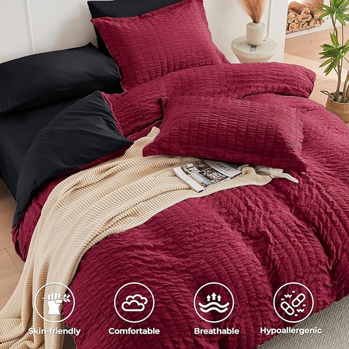HYMOKEGE Red & Black Twin Comforter Set Seersucker 5 Pieces, All Season Luxury - Image 3