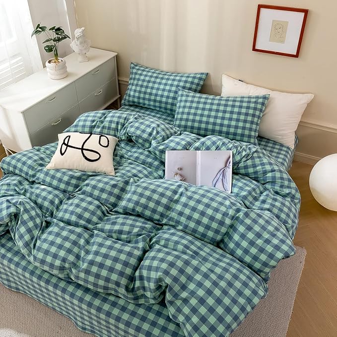 mixinni Green Gingham Grid Duvet Cover King, 100% Washed Cotton Modern by mixinni