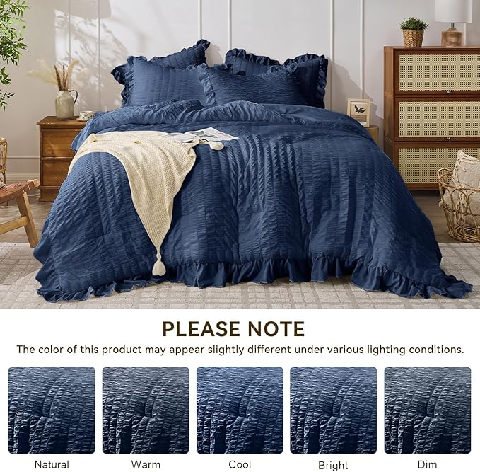 JOLLYVOGUE Navy Blue Queen Comforter Set, 3 Pieces Seersucker Comforters Queen - Image 9