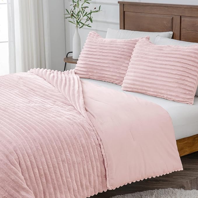 BEDELITE Fleece California King Comforter Set -Super Soft & Warm Fluffy Pink - Image 9
