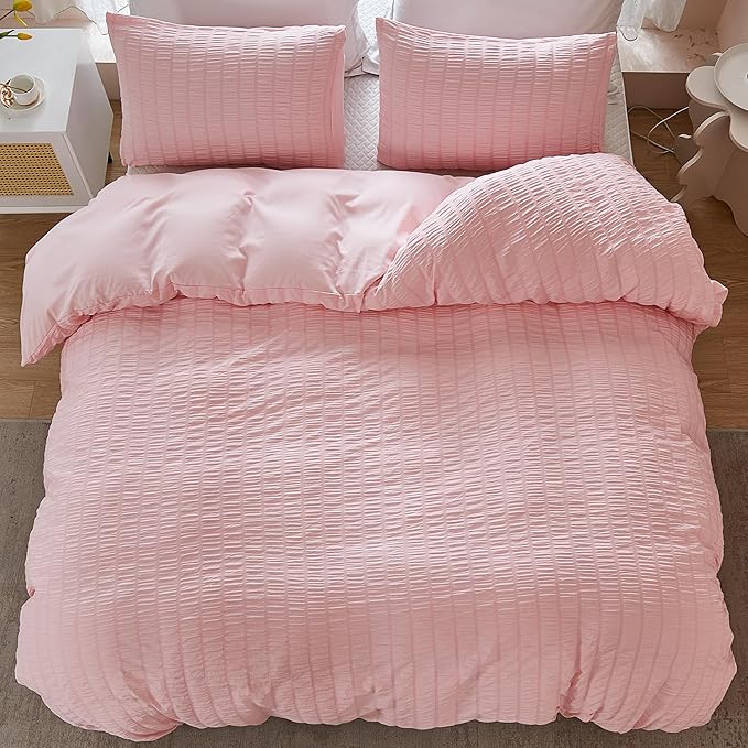 AveLom Blush Pink Seersucker Duvet Cover Set Full Size, 3 Pieces, Ultra Soft - Image 7