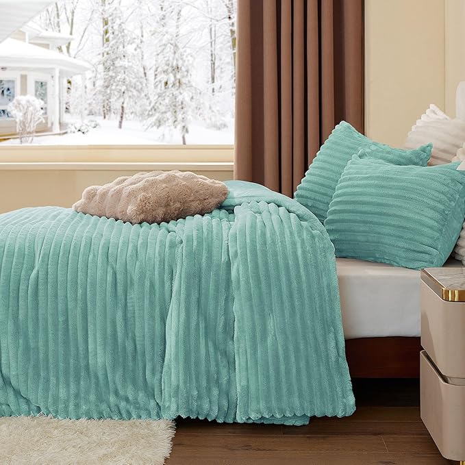 BEDELITE Fleece Queen Comforter Set -Super Soft & Warm Fluffy Haze Blue Bedding - Image 4