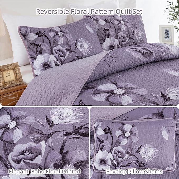 Floral Quilt Set King Size Bedding Set 3 Pieces Dark Purple Boho Floral Quilt - Image 6