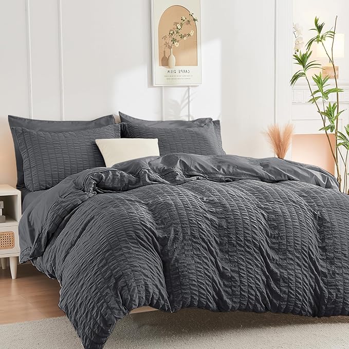 HYMOKEGE Dark Grey Duvet Cover King Size, Ultra Soft 3-Piece Seersucker Duvet - Image 4
