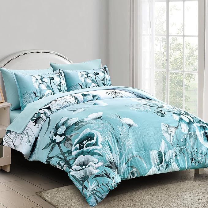 Luxudecor Floral Comforter Set King Size 7 Piece, Aqua Flower Bed in a Bag - Image 2