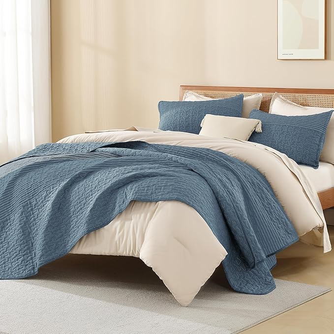 Litanika Quilt King Size Blue Linen, Stripe Patchwork Summer Bedspread Coverlet - Image 4