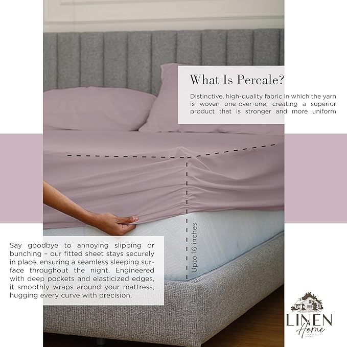Linen Home 100% Cotton Percale Sheets Twin XL Size, Mauve Lavender, Deep Pocket - Image 4