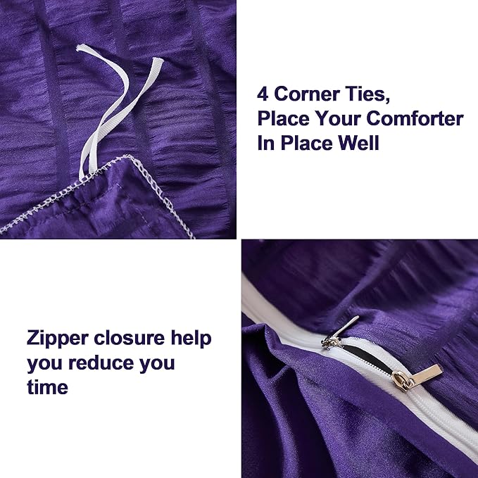 AveLom Dark Purple Duvet Cover King, 3 Pieces, Seersucker Striped Soft Washed - Image 4