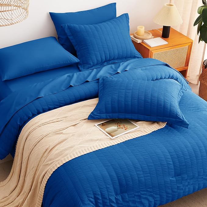 CozyLux Queen Comforter Set Classic Blue Seersucker 7 Pieces Bed in a Bag Queen - Image 6