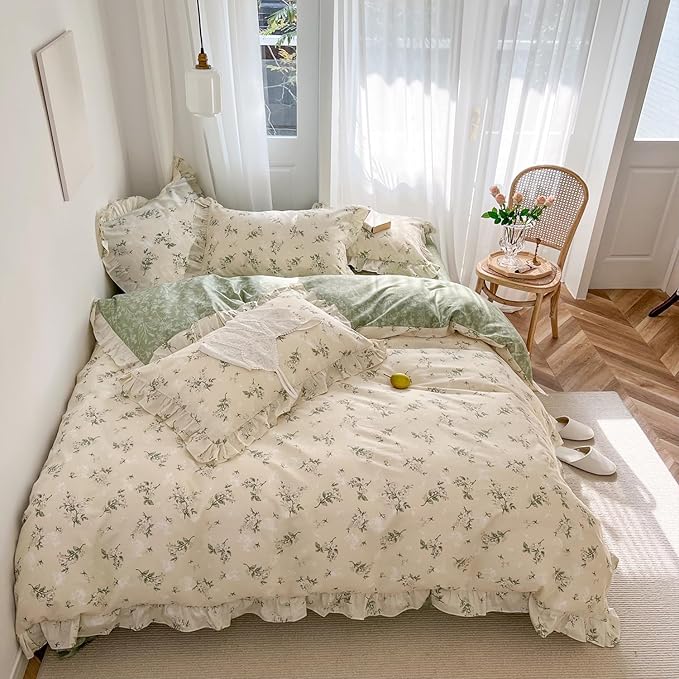 mixinni Reversible Sage Green Floral Duvet Cover Set Twin Size - Image 3