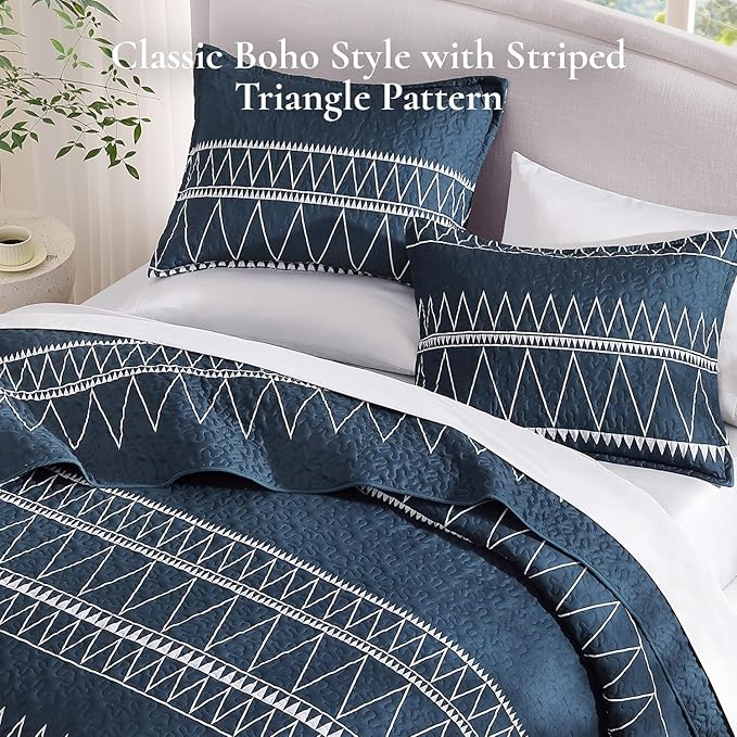 Andency Navy Quilts Queen Size, 3 Pieces Queen Quilt Bedding Set Boho - Image 4