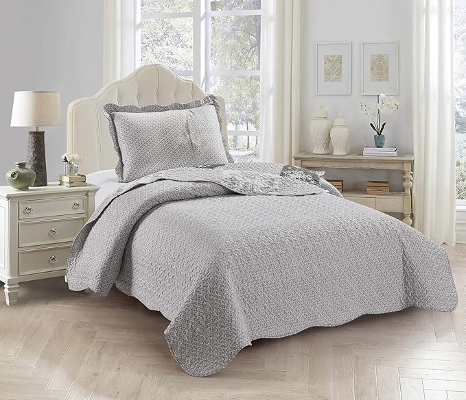 Brilliant Sunshine Grey Toile Floral Patchwork, 2-Piece Quilt Set - Image 2