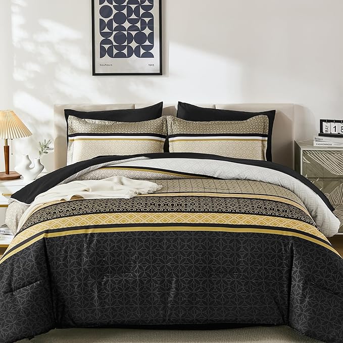 WONGS BEDDING Yellow Black King Comforter Set 7 Pieces, Boho Striped Bed in a - Image 8