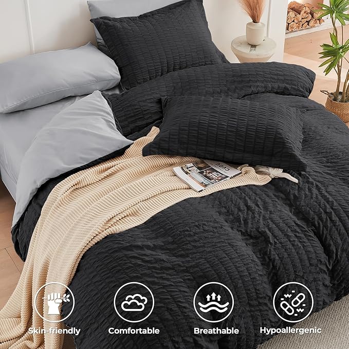HYMOKEGE Black/Light Grey Queen Comforter Set Seersucker 7 Pieces, All Season - Image 3