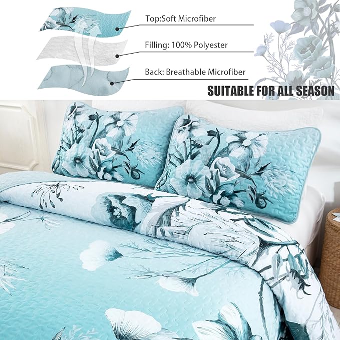 Blue Floral Quilt Set Queen 3 Pieces Boho Flower Quilt Coverlet Set Soft - Image 4
