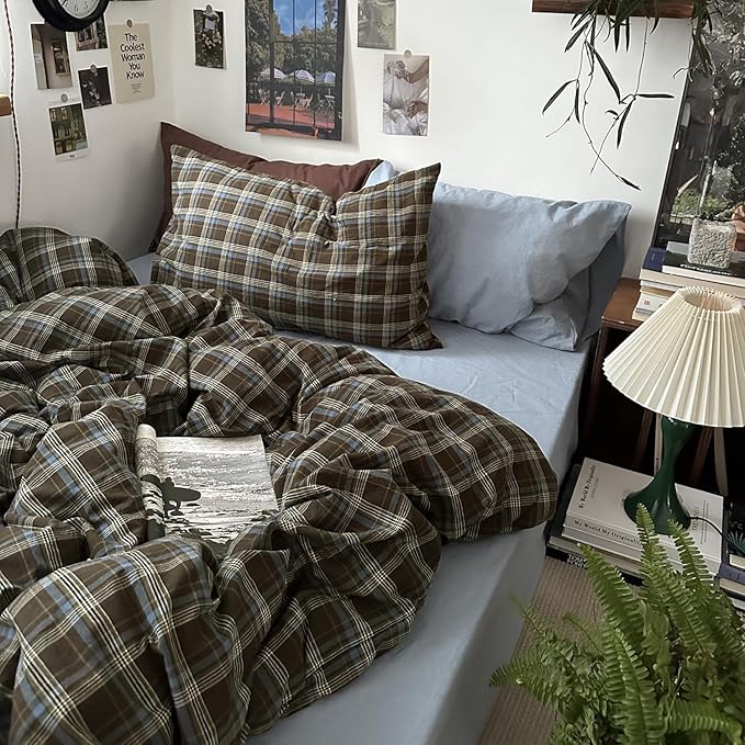 mixinni Vintage Brown & Blue Buffalo Plaid Duvet Cover Set Twin Size - Image 7