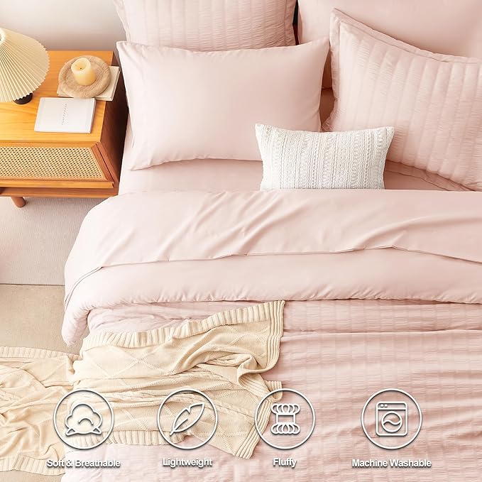 CozyLux Oversized King Comforter Set Blush Pink Seersucker 7 Pieces 120x98 Bed - Image 2