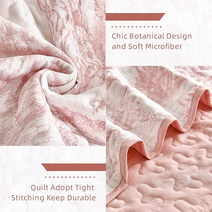 WONGS BEDDING Quilt Set King Size, 3 Pieces Pink Floral Plants Printed - Image 6