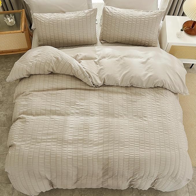 AveLom Beige Seersucker Duvet Cover Set Queen Size, 3 Pieces, Ultra Soft Washed - Image 7