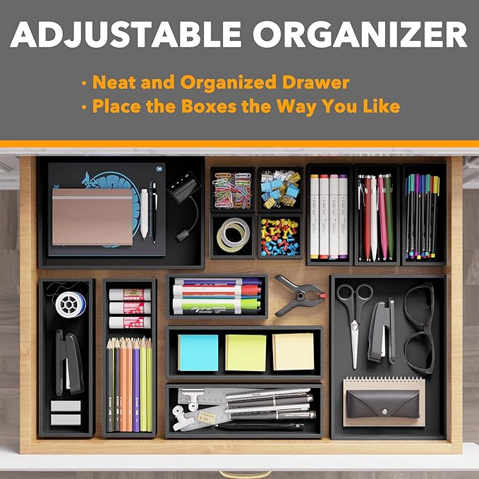 SpaceAid 14-Piece Bamboo Drawer Organizer Storage Boxes Set, Wood Tray Junk Drawer Organizers Multi-Use Divider Bins for Kitchen, Bathroom, Office Desk and Makeup Organization (14 Pack, Black)-DeskoryOffice