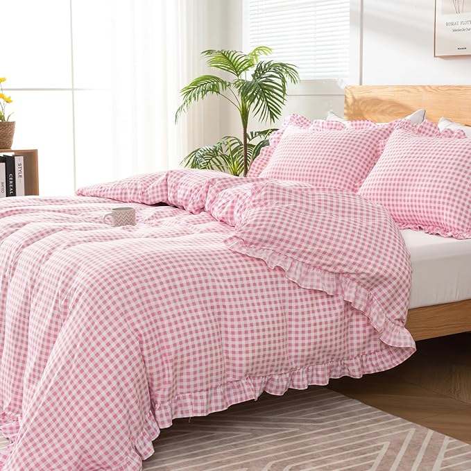 Gingham Duvet Cover Full Size, 3 Pieces Soft Breathable Microfiber Plaid - Image 6