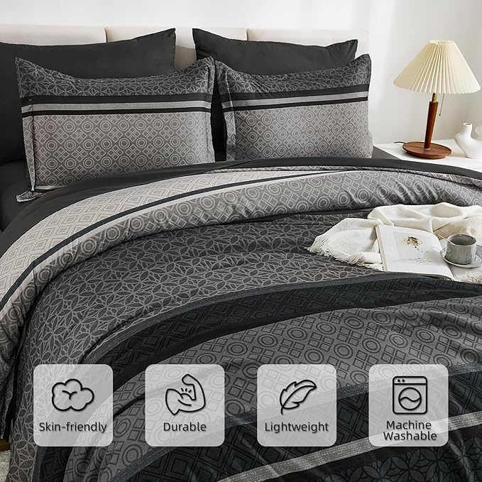 WONGS BEDDING 7 Pieces Comforter Set Queen Size, Dark Grey Black Striped Bed in - Image 5