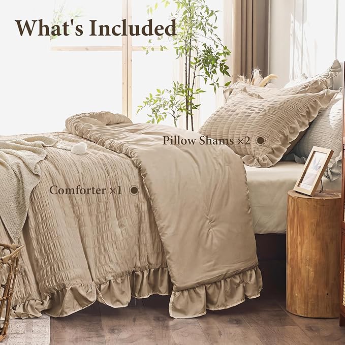 JOLLYVOGUE King Size Comforter Set, 3 Pieces Khaki Seersucker Comforters King - Image 7