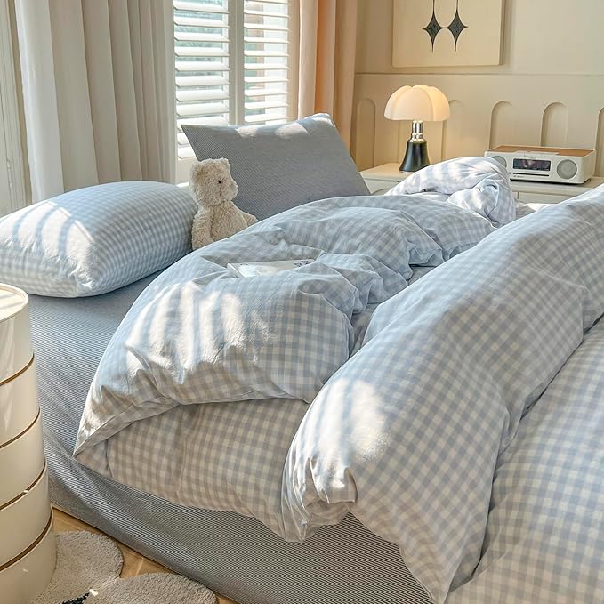 mixinni Light Blue Gingham Duvet Cover Set Queen Size - Image 2