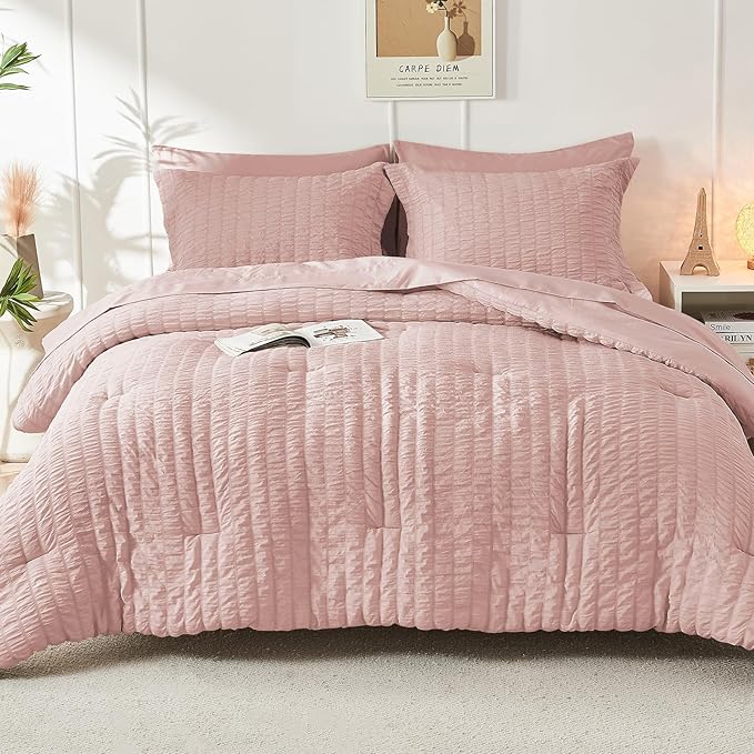 HYMOKEGE Rose Gold Full Size Comforter Sets Seersucker 7 Pieces, All Season - Image 9