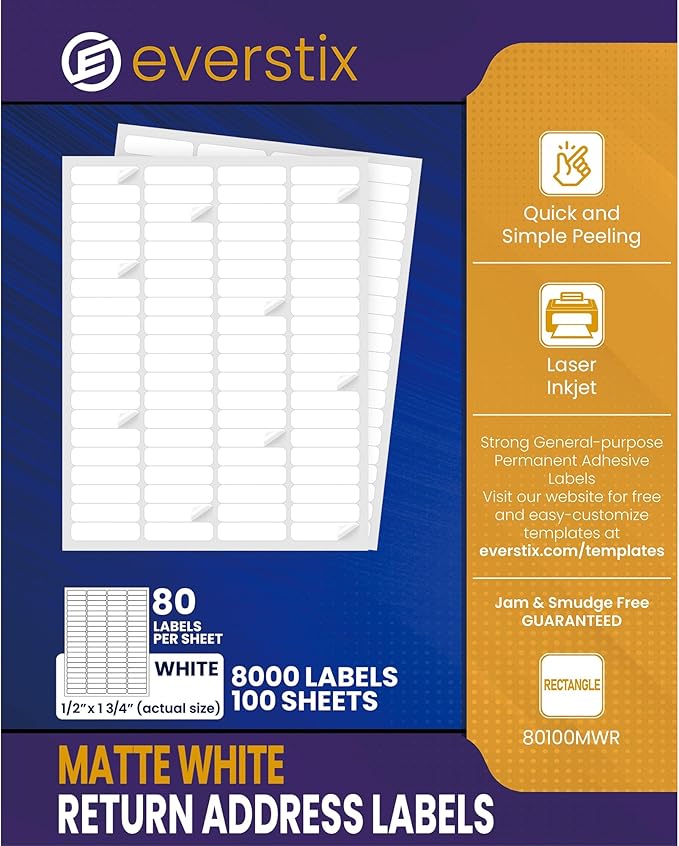 1/2" x 1-3/4", 100 Sheets, 8000 Return Address Labels for Laser & Inkjet Printers, Letter Size-DeskoryOffice