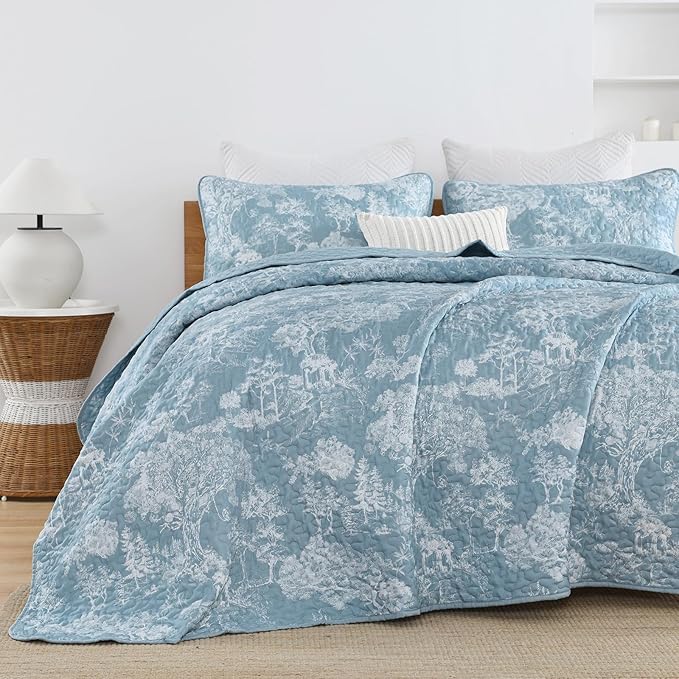 WONGS BEDDING Botanical Quilt Set Queen Size, Aqua 3 Pieces Toile Floral Plants - Image 4