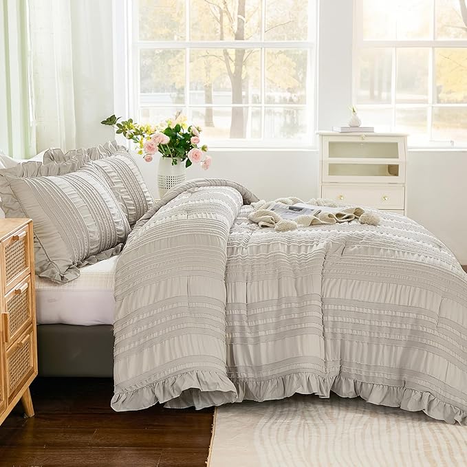 WONGS BEDDING Grey Textured Comforter Set Queen, 3 Pieces Ruffle Farmhouse - Image 3