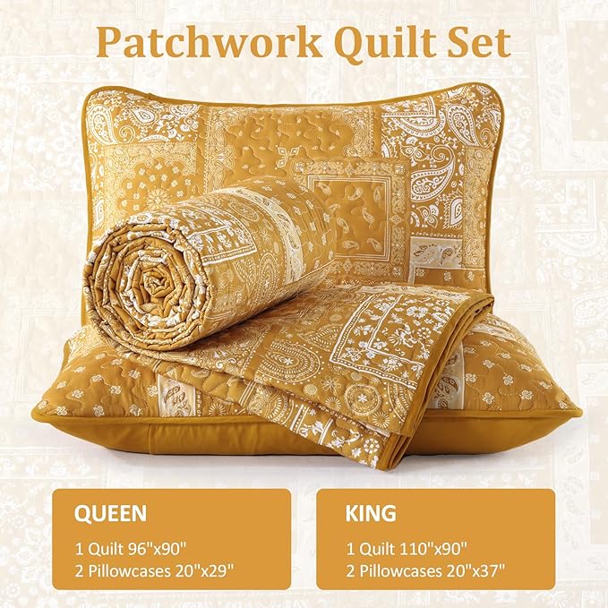 Cottolester Boho Quilt Set Queen Size, 3 Pieces Yellow Patchwork Paisley Quilt - Image 6