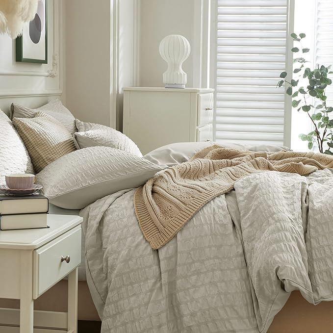 JELLYMONI Beige Duvet Cover King Size, Soft Breathable Seersucker Duvet Cover - Image 7