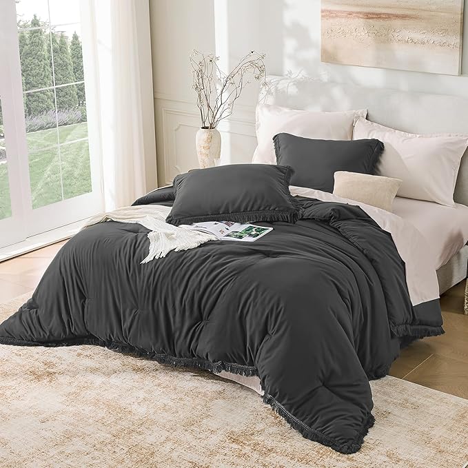Andency Queen Comforter Set Dark Grey, 3 Pieces Boho Tassel Lightweight Bedding - Image 6