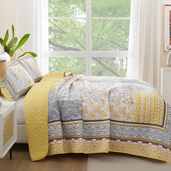 WONGS BEDDING Yellow Quilt Set Full, Bohemian Patchwork Bedspread Coverlet Set - Image 3
