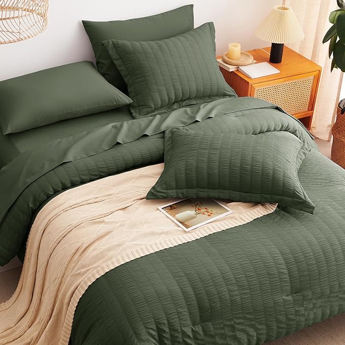 CozyLux Queen Comforter Set Dark Green Seersucker 7 Pieces Bed in a Bag Queen - Image 6
