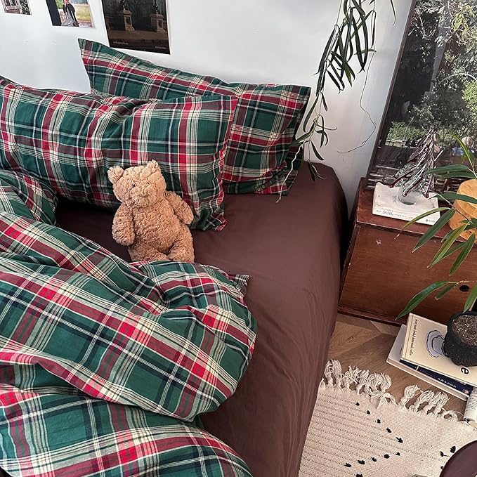 mixinni Vintage Green Buffalo Plaid Washed Cotton Duvet Cover Twin - Image 4