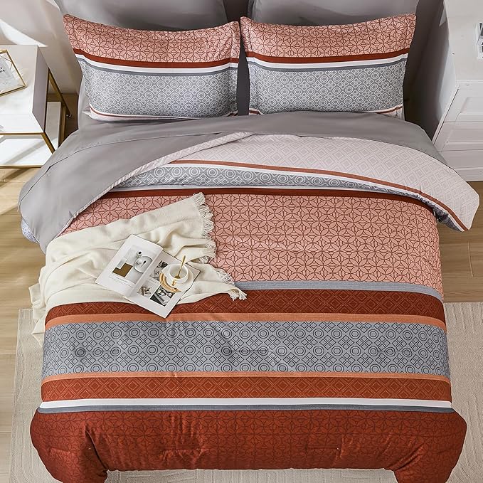 WONGS BEDDING 7 Pieces Comforter Set Queen Size, Burnt Orange Striped Bed in a - Image 3