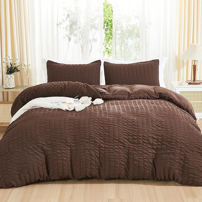 AveLom Brown Duvet Cover King, 3 Pieces, Seersucker Striped Soft Washed by AveLom
